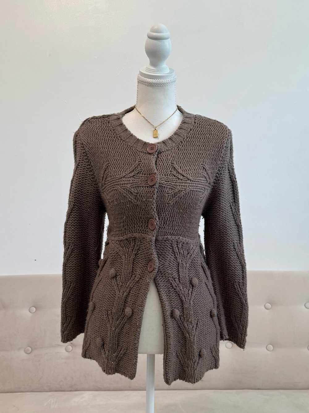 Brown Textured Cable-Knit Button Cardigan Sweater